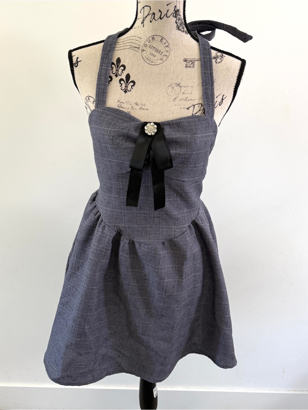 Women Gray Bow Detail Fit & Flare Mini Dress Cottagecore Coquette Fashion Party